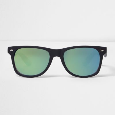 Black rubber blue lens retro sunglasses